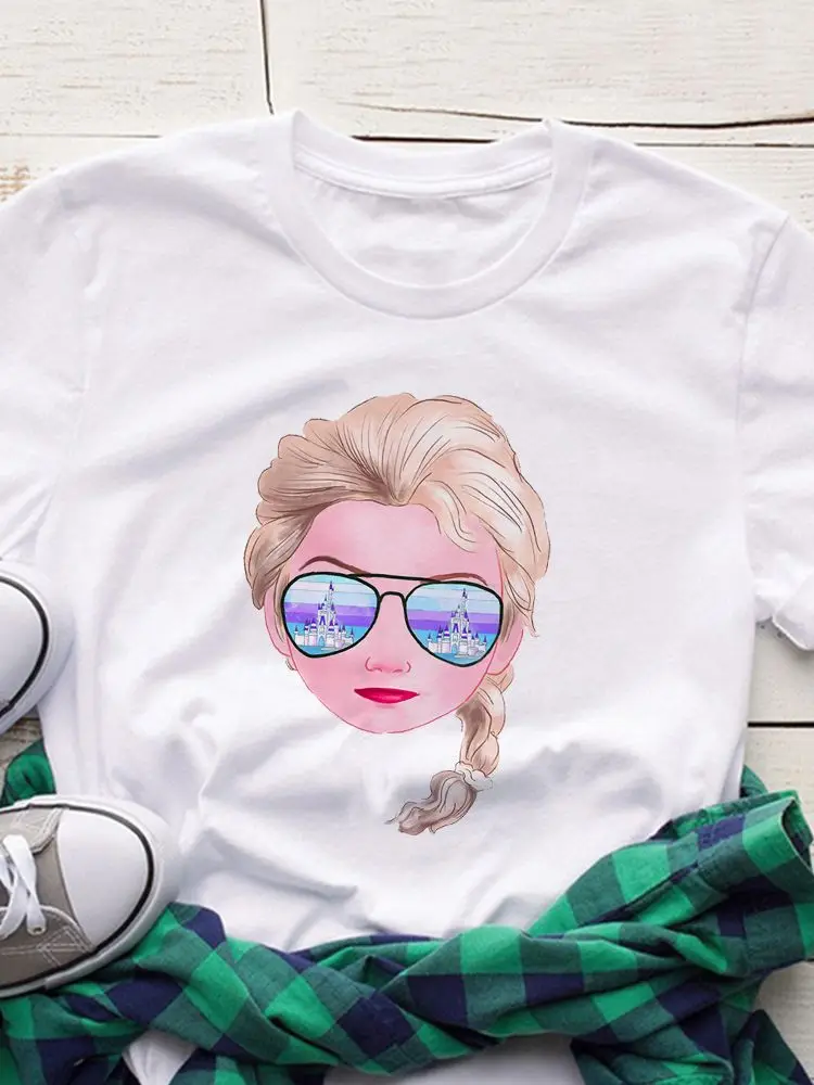 

New Cool Fashion T Shirt Disney Summer Elsa Sunglasses Series Exquisite Leisure Tshirt Comfy All-Match Print Pattern O Neck Top