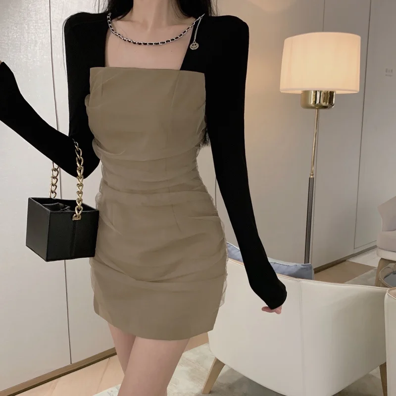 

Women Dress Autumn Winter New Design Sense Of Mesh Splicing Neck Dress Women's Sexy Hip Wrap Bottom Skirt