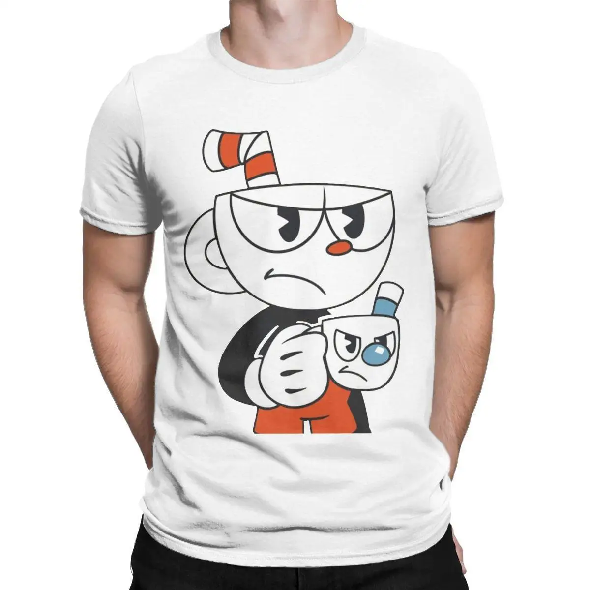 Cuphead And Mugman Angry T-Shirt Men Retro Coffee Anime 100% Cotton Tee Shirt Round Neck Short Sleeve T Shirt Printing Clothing