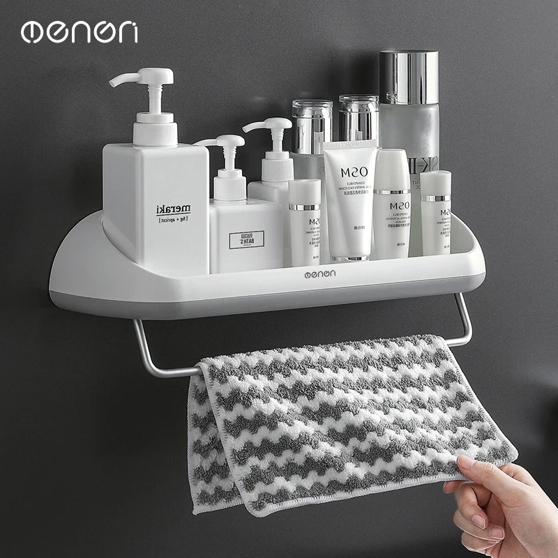 

Bathroom Shelves Organizer Wall Mount Home Towel shelf Shampoo Rack With Towel Bar Storage Rack Bathroom Accessories