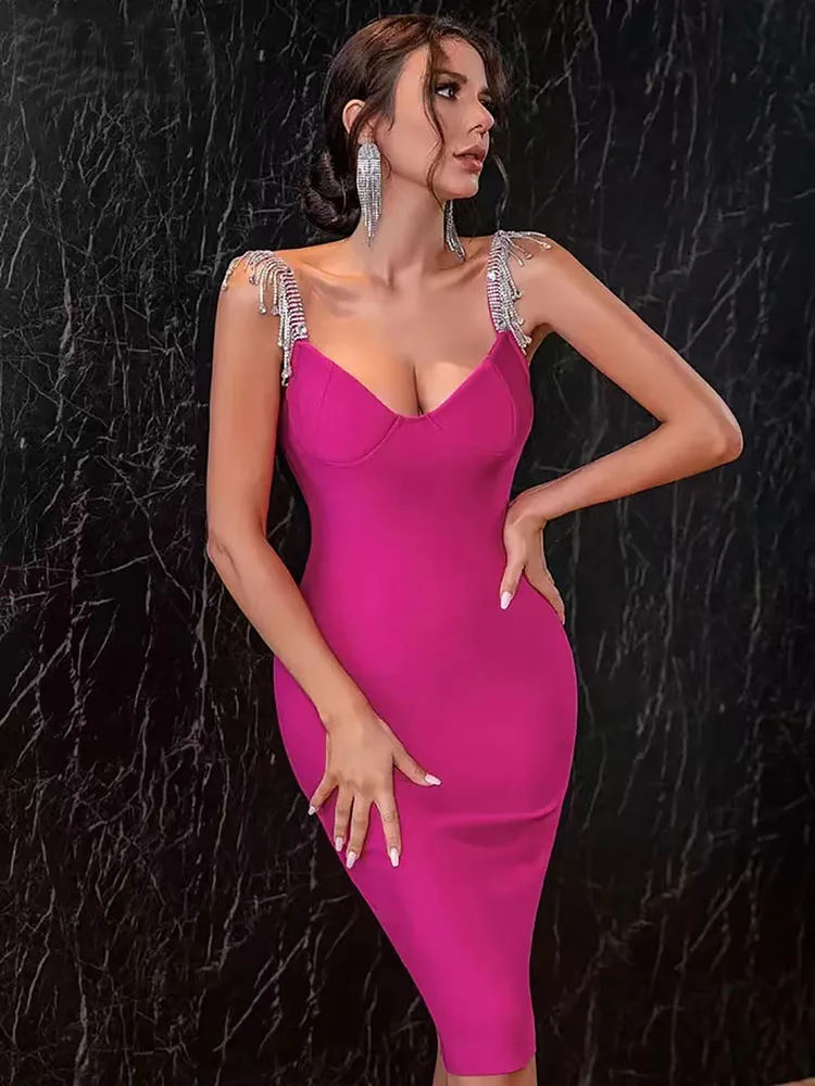 

Diamond Chain Strap Bandage Dress Wome Summer Sexy Low Bust Solid Party Dinner Dresses 2023 Elegant Female Bodycon Vestido BA098