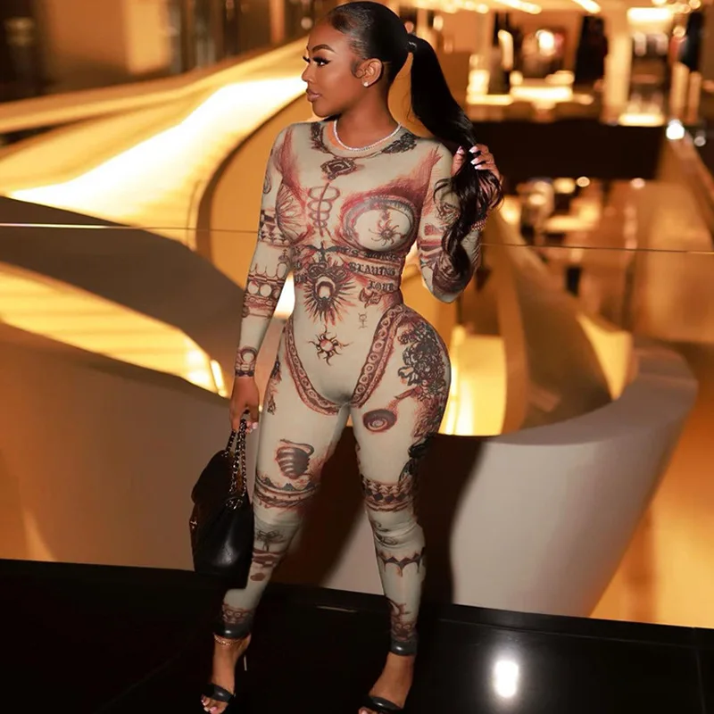 Long Bodycon One Piece Printed Jumpsuits Elegant Party 2022 Fall Clothes Women Y2K Sexy Night Club Jumpsuit Bodysuit Overalls