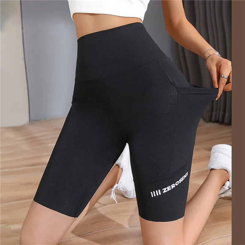 Seamless Biker Shorts With Pockets Women Fitness Casual High Waist Summer Slim Knee-Length Bottoms Streetwear Cycling Shorts