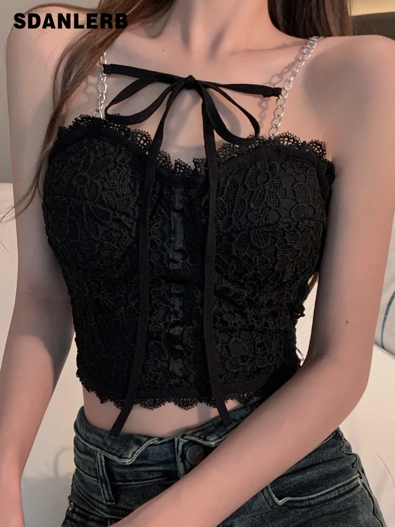

Lace Crop Top Straps Inner Wear Hot Girl Sweet Vest for Women Summer Clothing Outer Wear Slimming Solid Color Short Sling