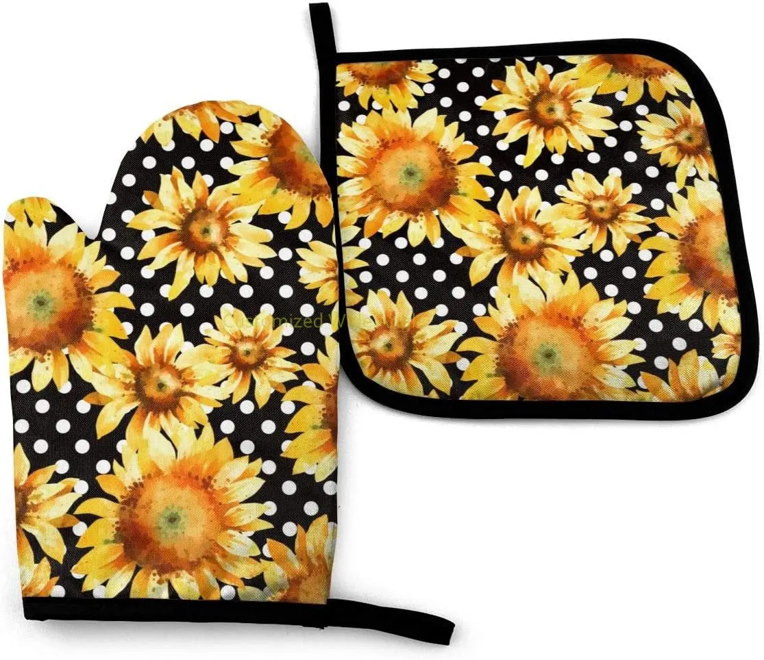 

Watercolor Sunflowers Oven Mitts and Pot Holders Sets Heat Resistant Polka Dot Kitchen Oven Gloves Non-Slip
