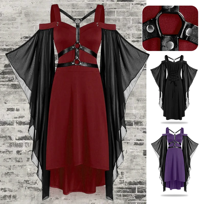 

Mediaeval Women Dress Gothic Punk Long Skirt Black Red Mesh Splicing Bandage Bat Sleeve Strap Sling One Word Collar Dresses