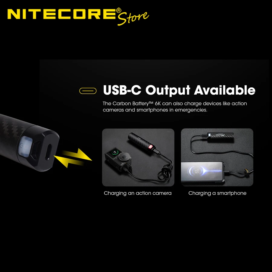 Фото Внешний аккумулятор NITECORE 6K на 6000 мАч с USB-C, перезаряжаемый, увеличенное время работы, карбоновый аккумулятор для налобного фонаря №1