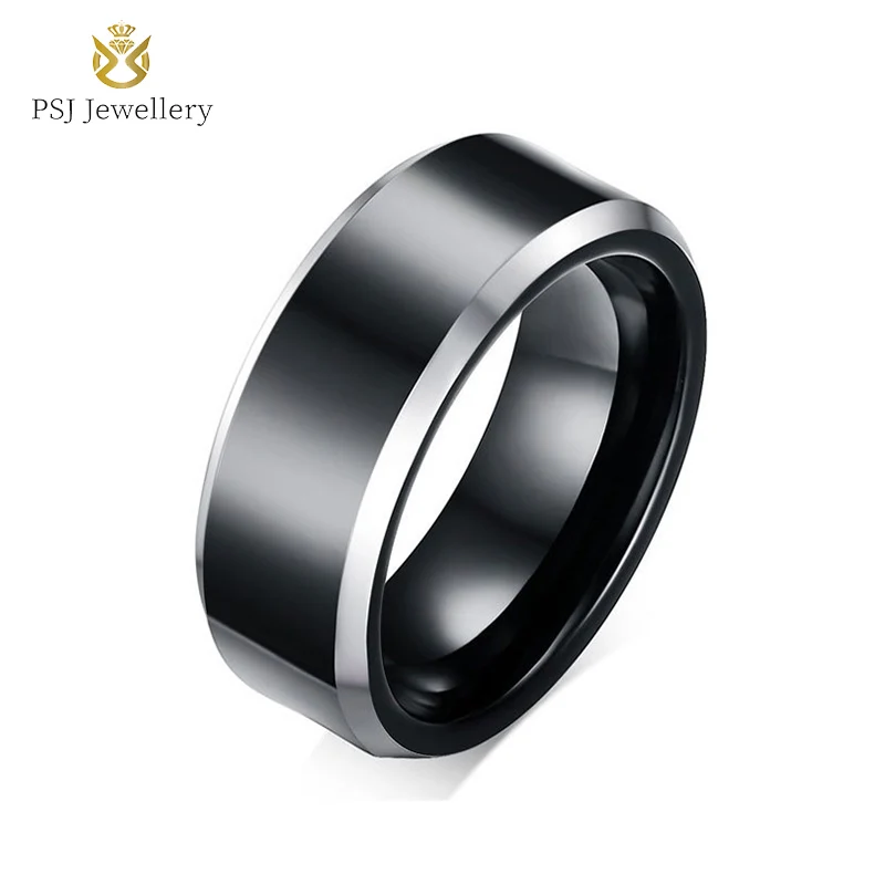 

PSJ Fashion Men's Wedding Band 8MM High Polished Black Plated Polished Silver Bevel Edge Tungsten Carbide Rings for Male