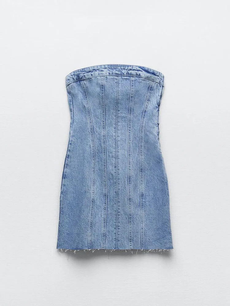 

Zach AiIsa's new summer women's temperament one-word collar wrapped chest sexy off-the-shoulder slim zipper denim dress