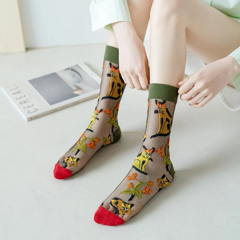 Summer New Fashion High Quality Creative Transparent Tide Socks Sunflowers Vines Flowers Animal Fruit Glass Silk Women Socks