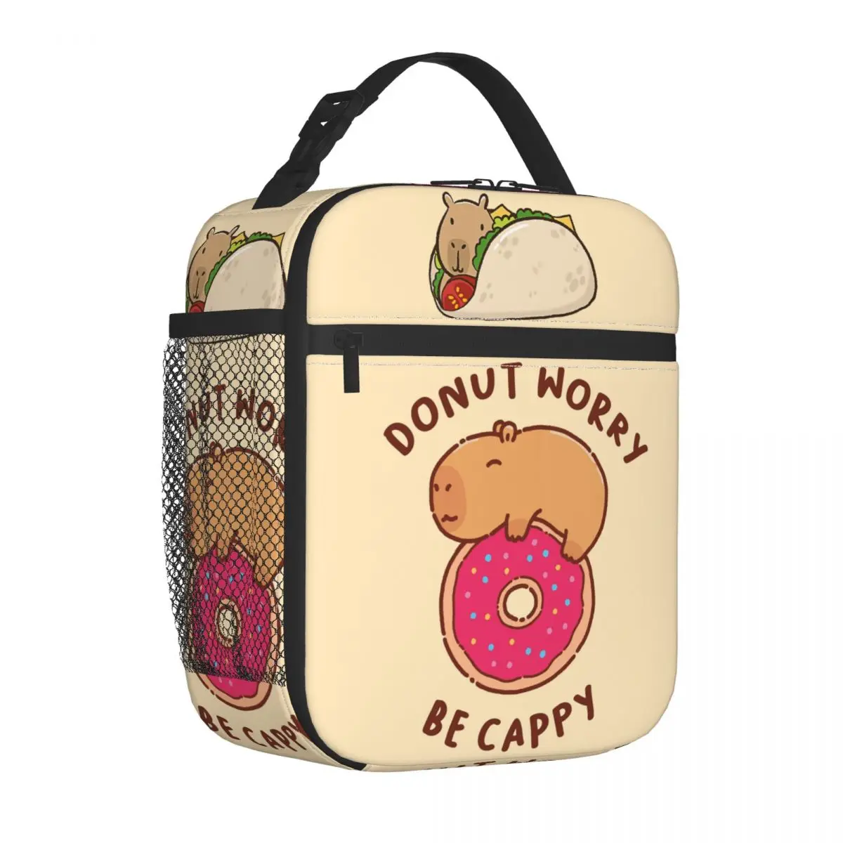 

Happy Capybara Donut Merch Insulated Lunch Bag Boxes Funny Capybara Animal Kawaii Food Storage Box Thermal Cooler Bento Box