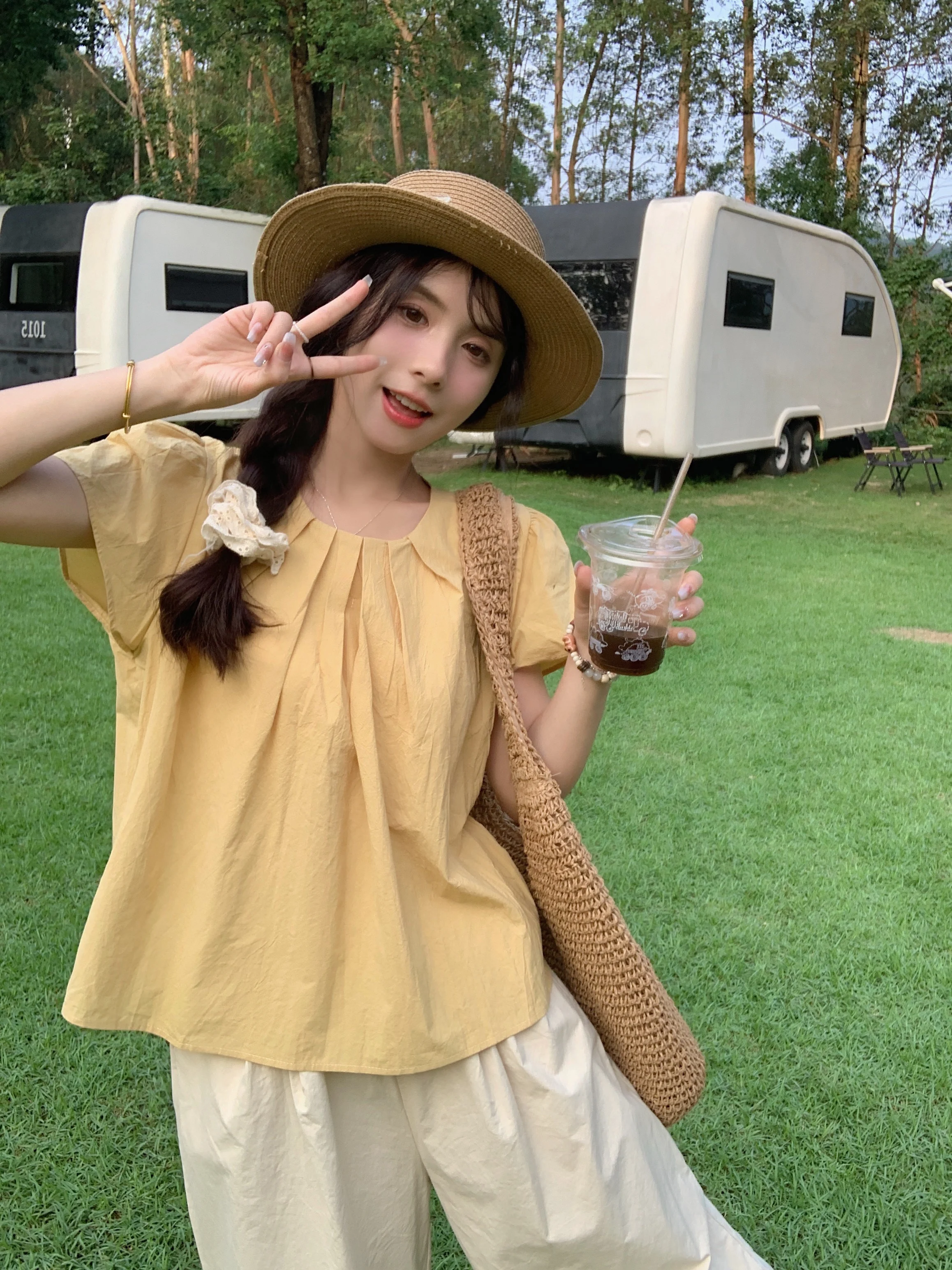 Plus Size WW Weiweijia Plus size round Neck Pleating Short sleeve Top + Elastic Waist Loose Wide Leg Pants Two-piece Set Slim...