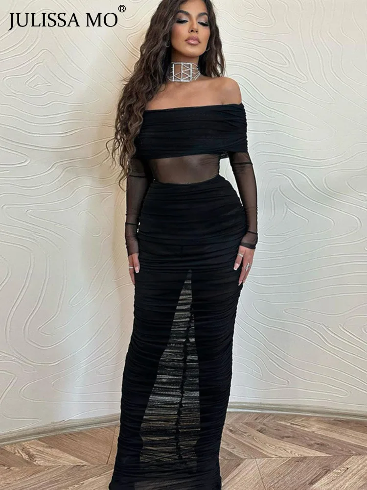 Купи JULISSA MO Sexy See Through Mesh Off Shoulder Midi Dress Women Autumn Elegant Black Bodycon Evening Dress Long Vestido Party за 1,019 рублей в магазине AliExpress