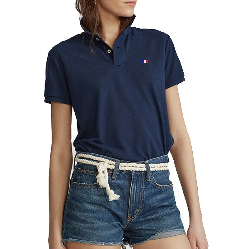 

Женская летняя повседневная футболка-поло из 100% хлопка с коротким рукавом и отложным воротником, облегающие дышащие женские футболки с выш...