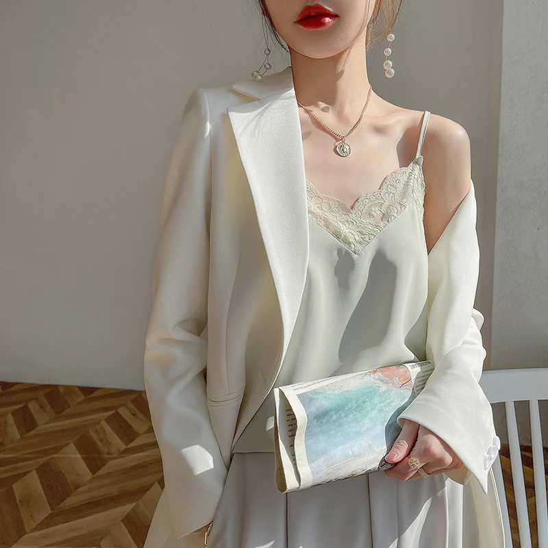 

Womens Blouses Summer Chiffon V Neck Lace Satin Vest Office Solid Female Elegant Shirts Camisole Ladies Basic Tank Top Plus Size