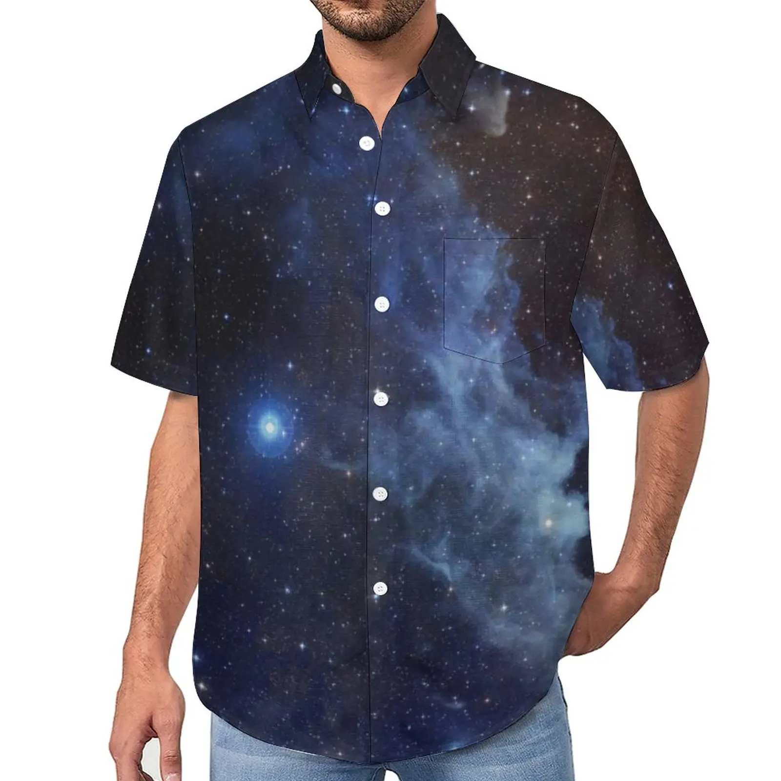 

Dark Blue Galaxy Casual Shirt Starry Star Clouds Beach Loose Shirt Hawaii Novelty Blouses Short Sleeve Design Oversized Tops