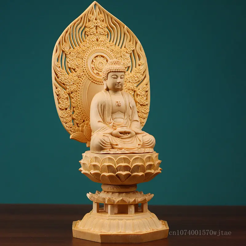Фото Статуя Будды Fengshui, Декор для дома и офиса, ремесла ручной резьбы по дереву, статуя из искусственного лотоса, украшение №2