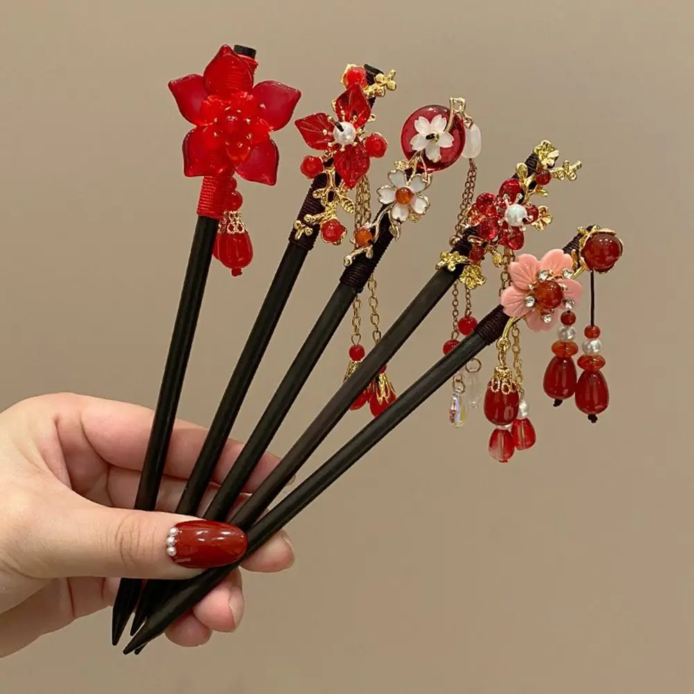 Ретро Цветочная деревянная шпилька для волос красная Новогодняя Hanfu шпильки