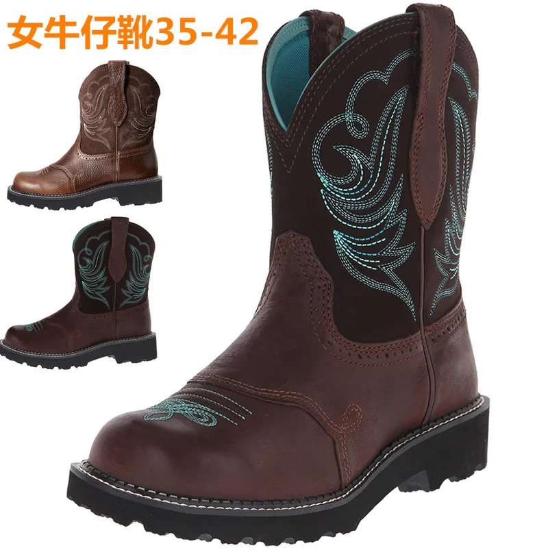 

2021 элегантные модные ковбойские ботинки из искусственной кожи, женские мотоциклетные ботинки на низком каблуке