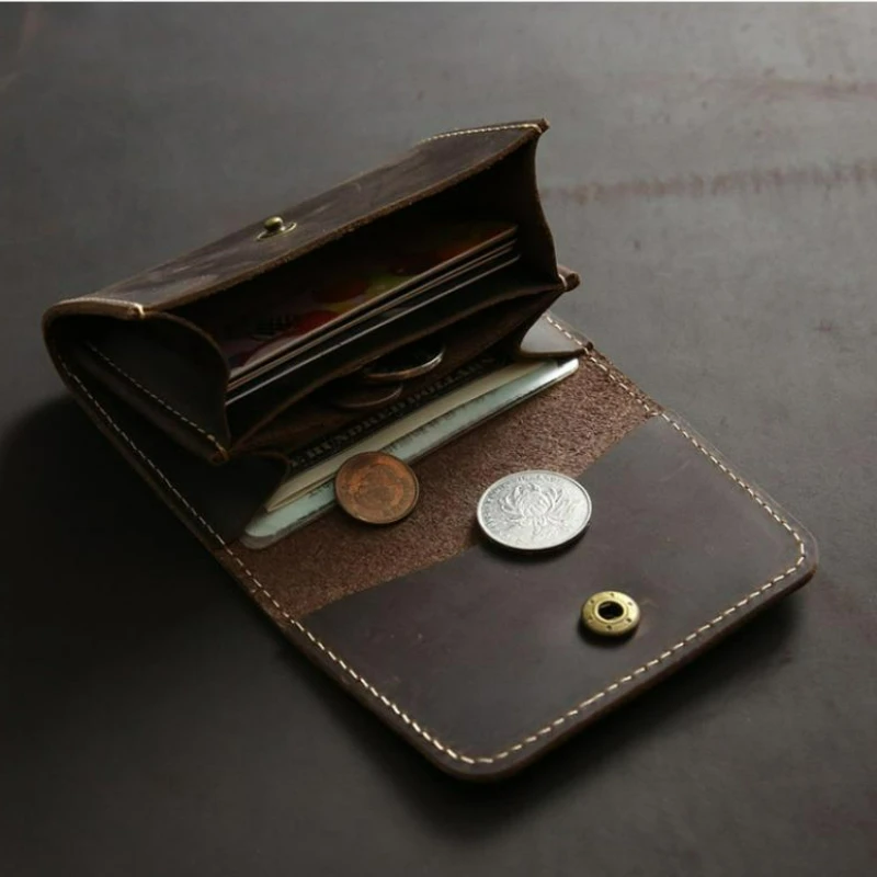 Retro Casual Men's Head Layer Cowhide Short Wallet Genuine Leather Men's Bag Student Small Wallet Card Bag Youth Coin Bag