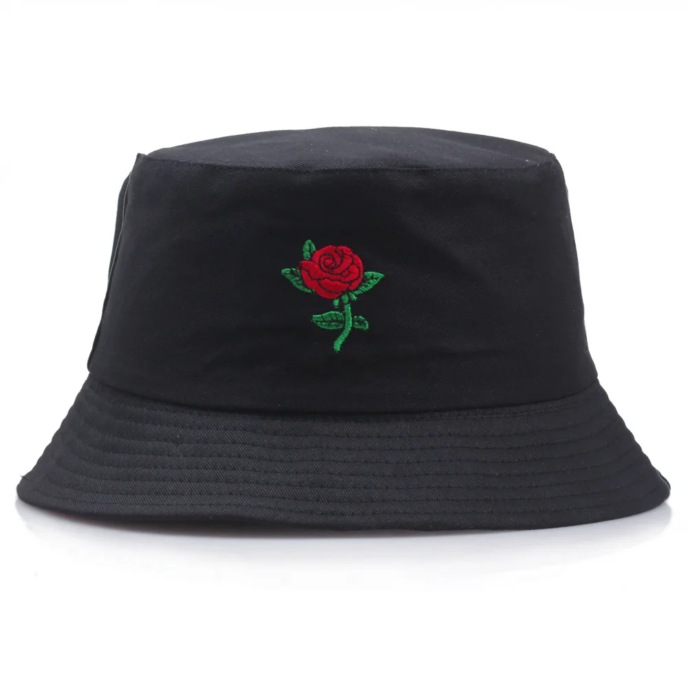 

Unisex Rose Embroidery Bucket Hat Foldable Women Macaron Outdoor Sunscreen Cotton Fishing Hunting Cap Men Bob Chapeau Sun Hats