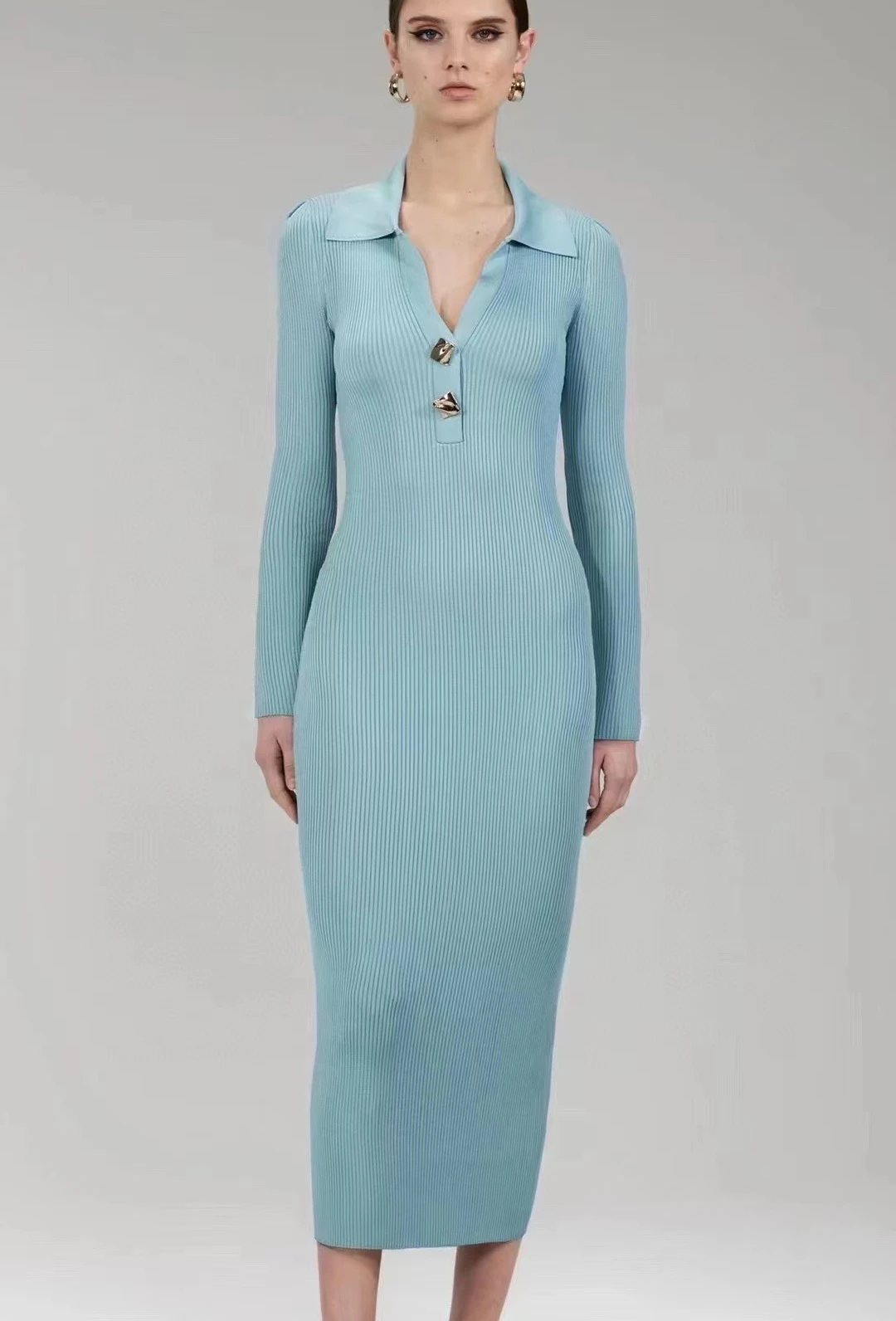 

Women V-Neck Metal Button High Waist Slim Fit Long Sleeve Midi Dress