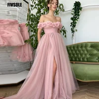 fivsole 2022 pink a line tulle evening dresses off the shoulder short sleeves slit pockets prom gowns boho wedding party dress