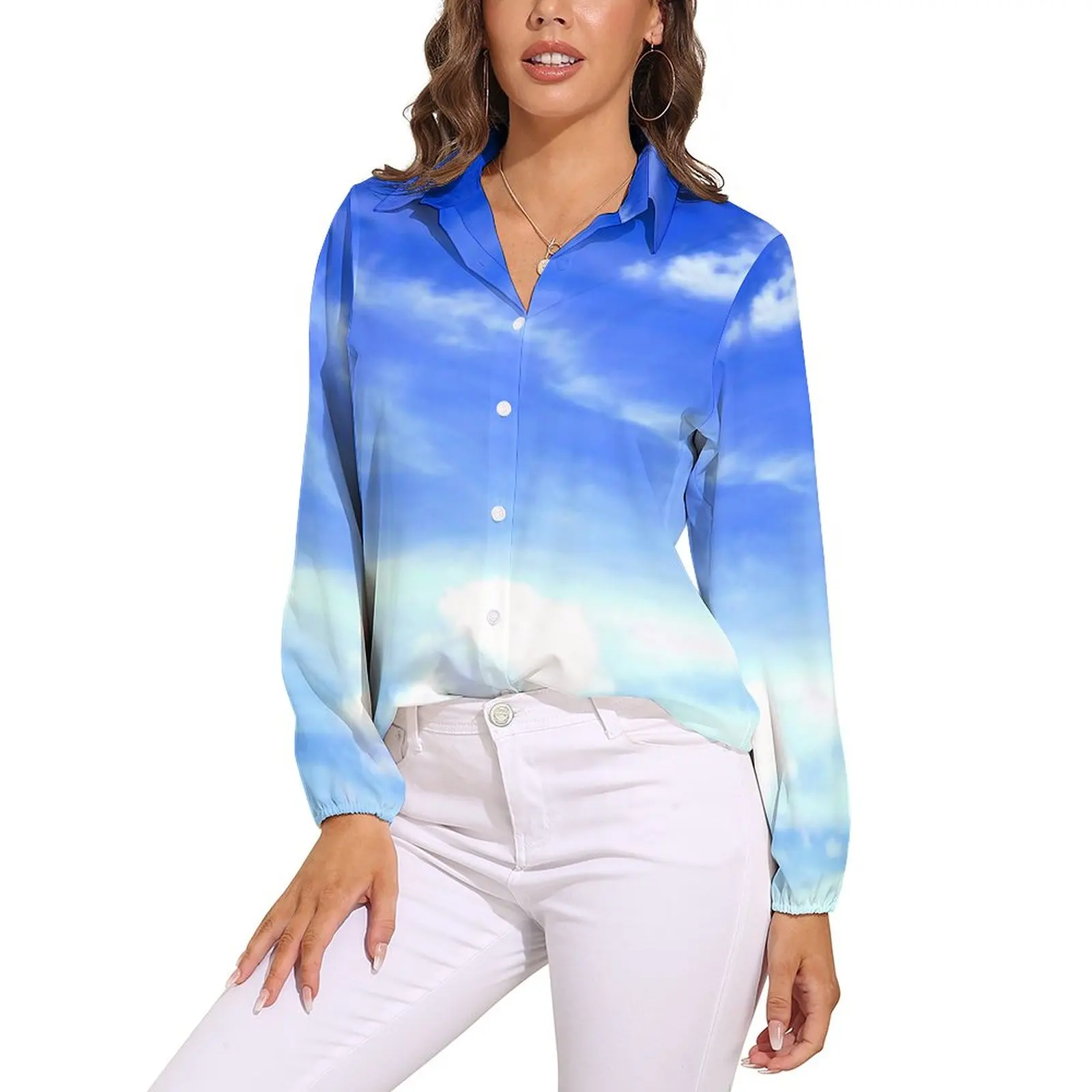 

Blue Sky Blouse Photography Clouds Print Pretty Print Blouses Woman Long-Sleeve Streetwear Shirt Autumn Oversized Top