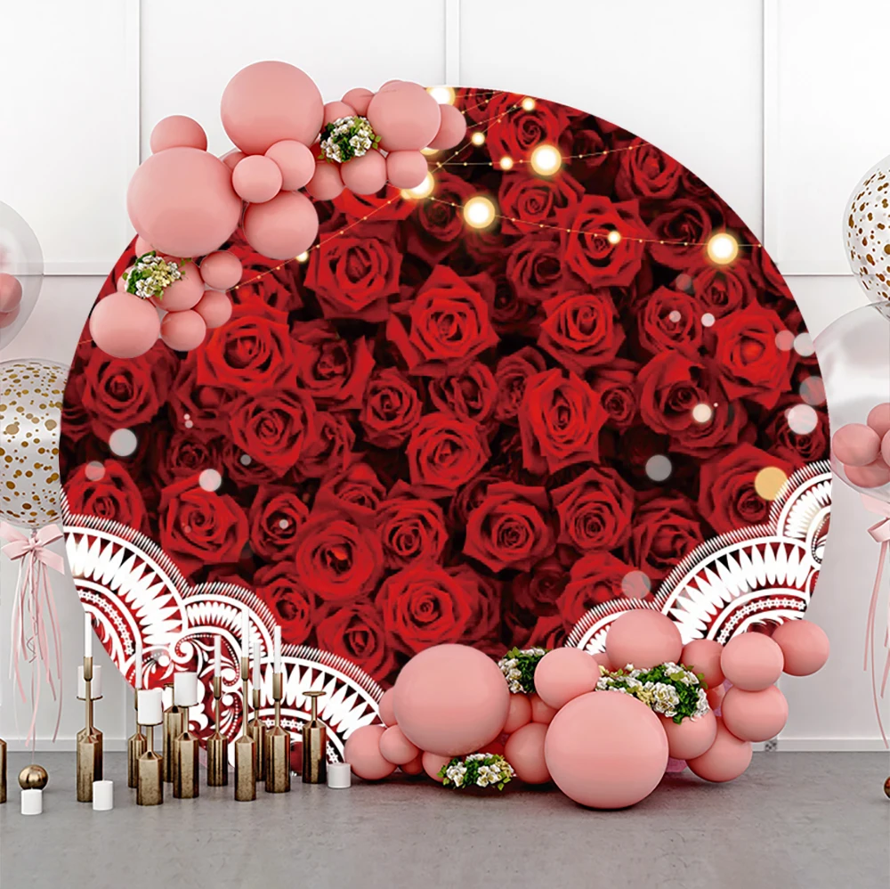 

Round Photo Backdrop Red Rose Flower Wedding Woman Decoration Banner Polka Lights Birthday Party Background for Photo Studio