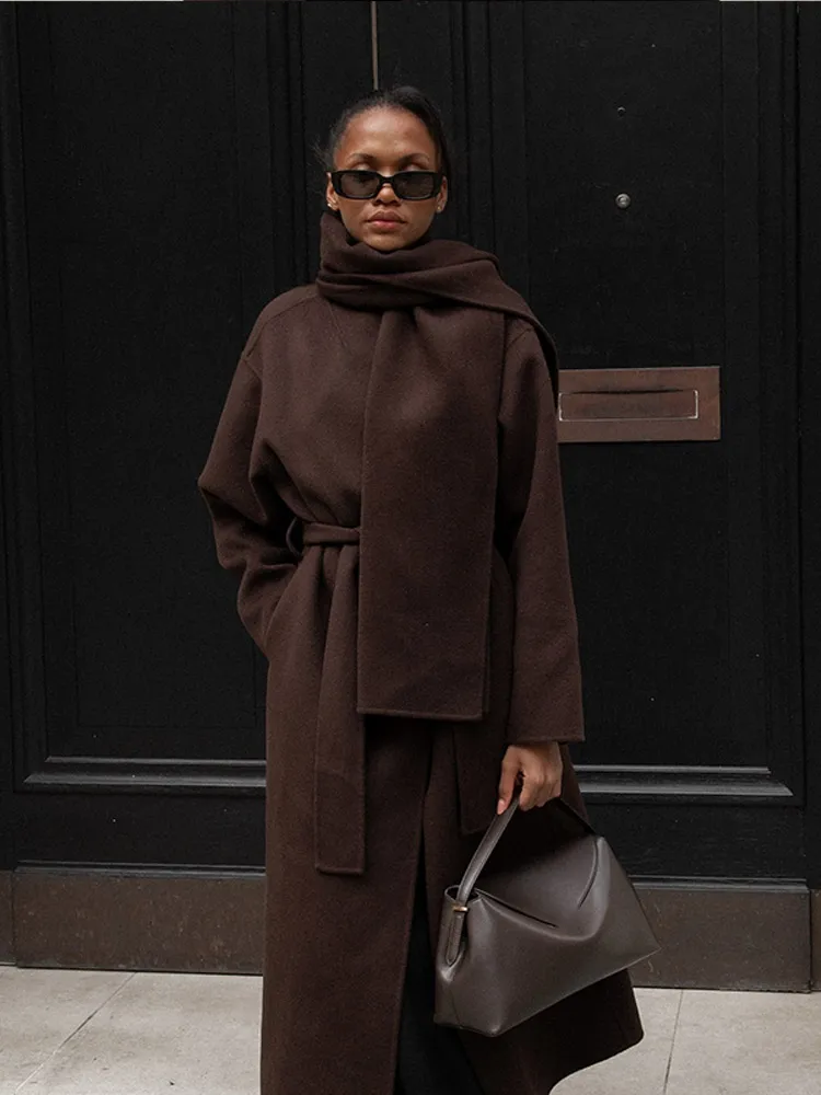 Винтажное длинное пальто на шнуровке шарф женское повседневное однотонное макси