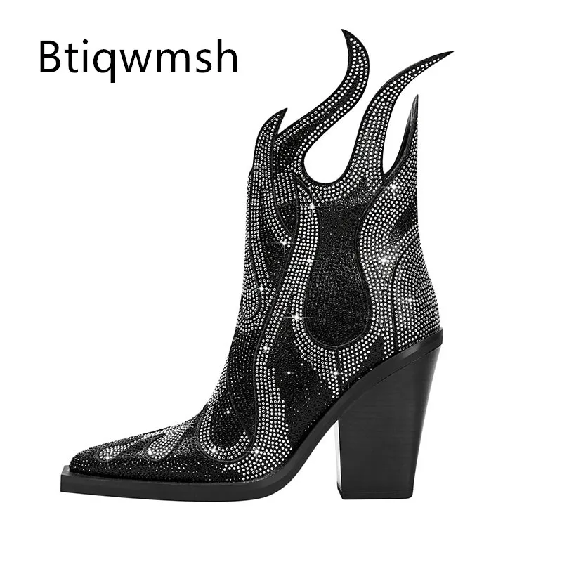 

Black Rhinestone Fire Ankle Boots Woman Pointed Toe High Heels Lady Sexy Party Shoes