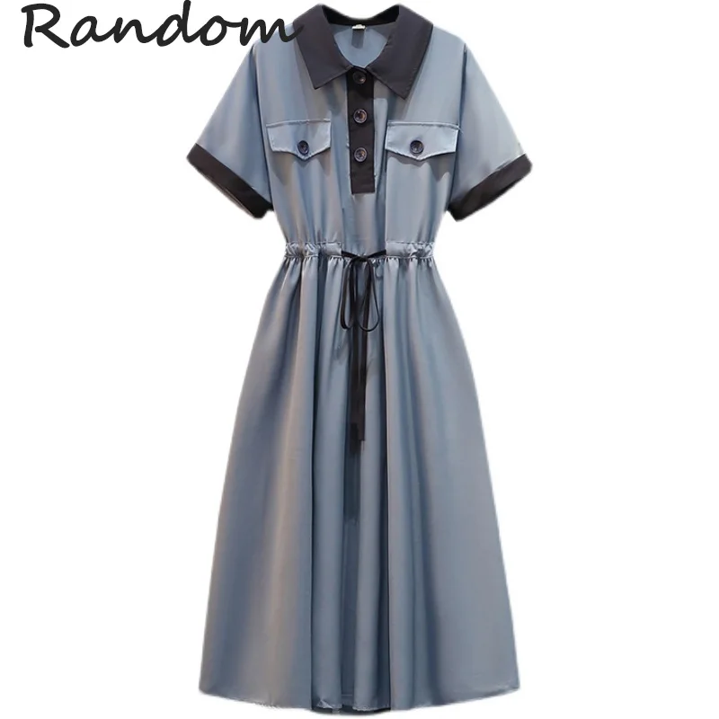 

Элегантное офисное женское синее длинное платье-рубашка, женские летние классические повседневные платья средней длины с коротким рукавом...