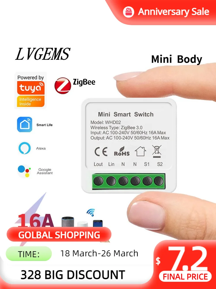 

Tuya Zigbee Smart Switch 2 Way Breaker 16A Relay Home Adapter Smart life APP Timing Works With Google Home Aleax