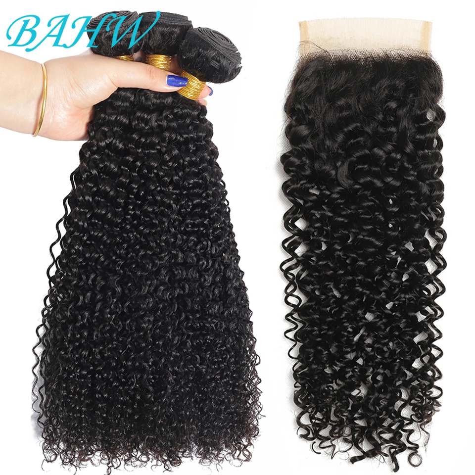 Brazilian Kinky Curly Bundles With Closure 3/4 Bundles Human Hair With Closure Hair Weave Bundles With Closure Transparent Lace
