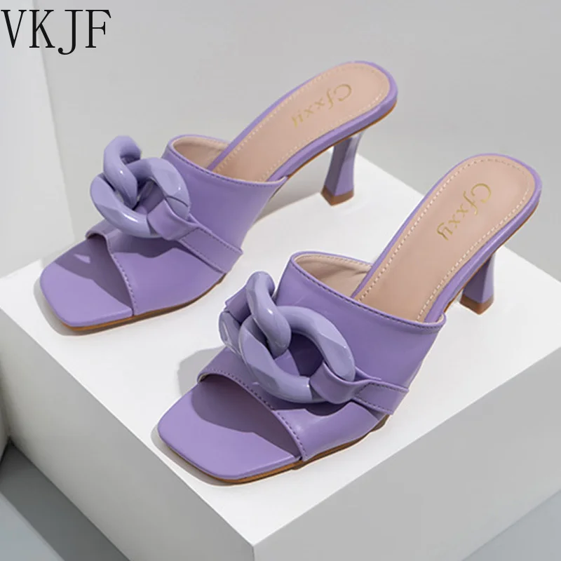 

Сандалии женские на шпильках с квадратным носком, пикантные туфли с цепочкой, открытый носок, однотонные тапочки, роскошная обувь на шпильк...