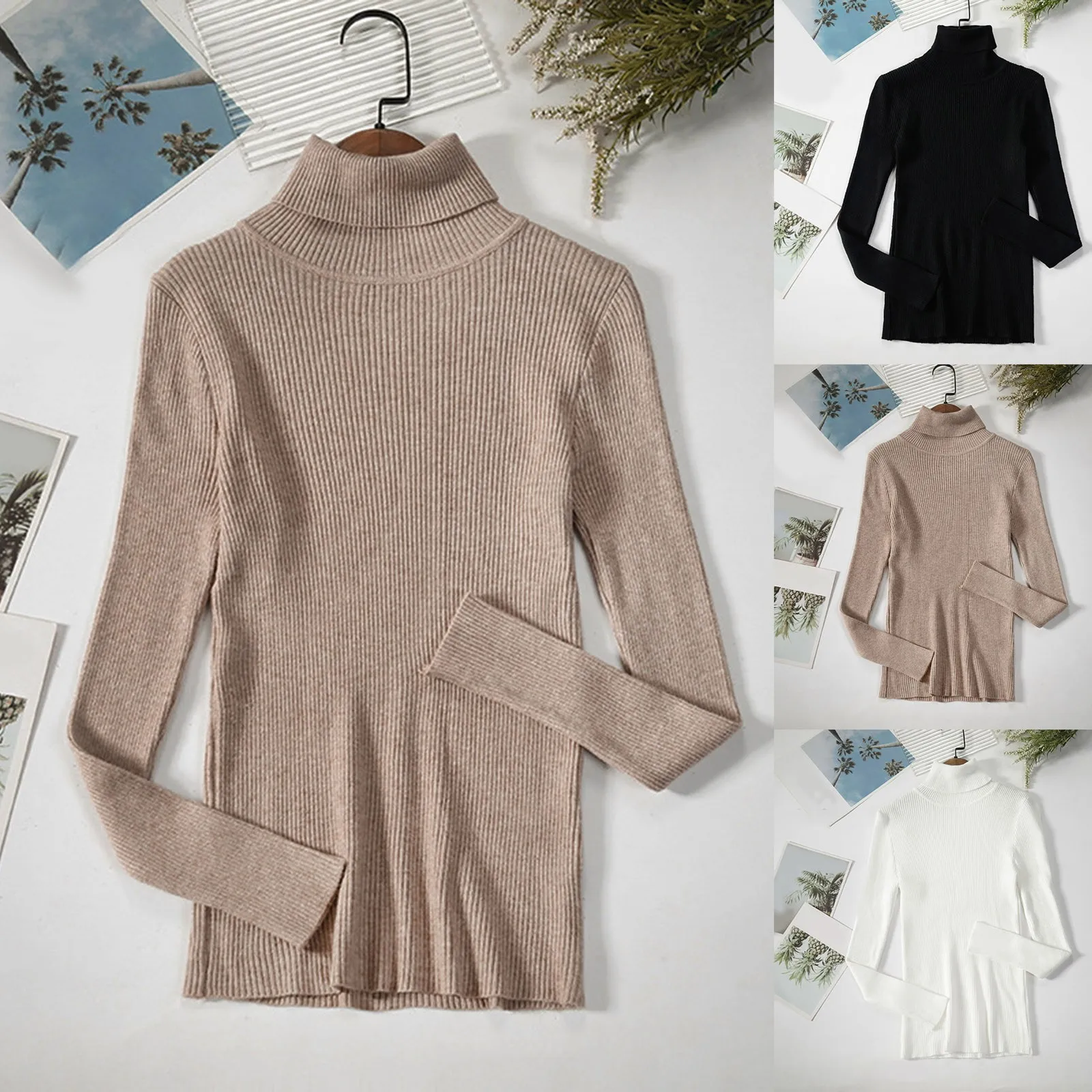 

Women's Long Sleeved High Neck Underlay Solid Color Pullover Sweater Warm Top Stripe Turtle Neck