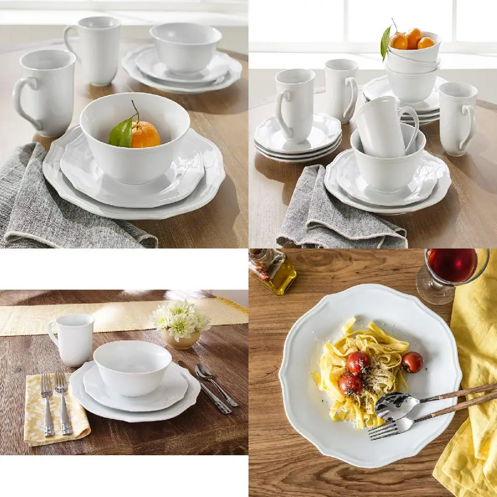 

Elegant Chic White Carnaby Porcelain Dinnerware Set - 8 Pieces with Scalloped Details and Stylish Appeal.