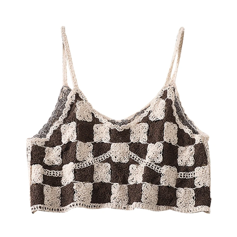 Женский вязаный крючком укороченный топ без рукавов клетчатый свитер в цветочек