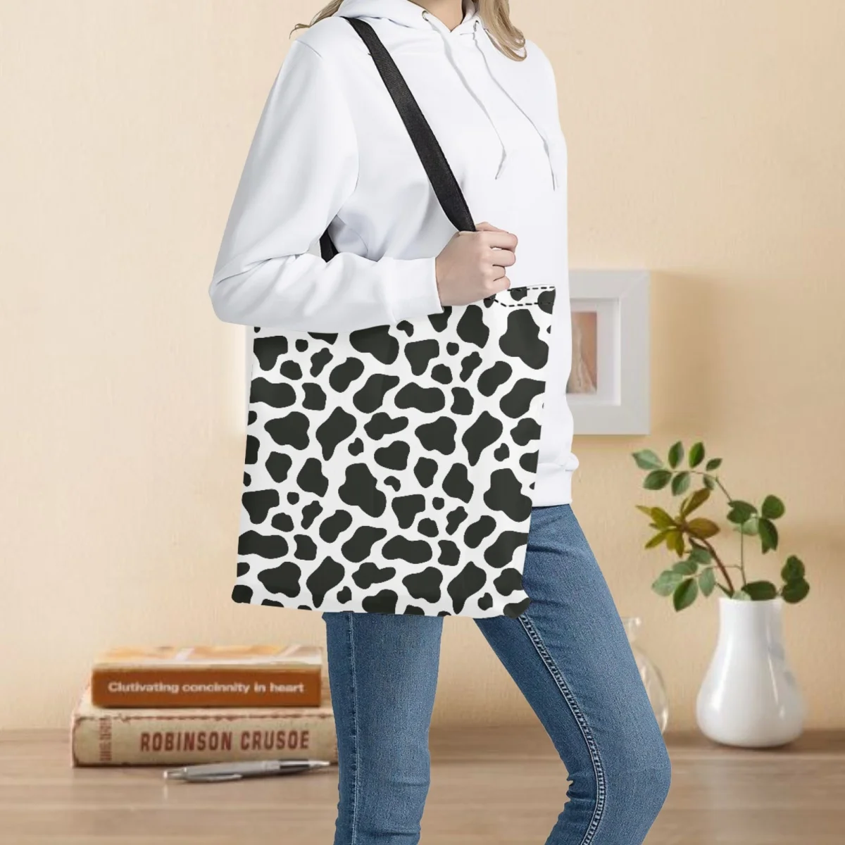 

Сумки для любителей коровы, белые и черные складные многоразовые женские сумки с рисунком, модные Экологичные сумки через плечо, Bolsas Femme