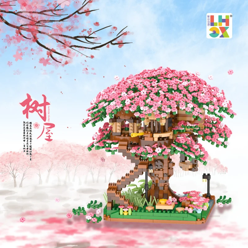 

3D Mirco Sakura Flower Treehouse Building Block Creative Street View Cherry Blossom Decor DIY Bricks Valentine's Day Toys Gifts