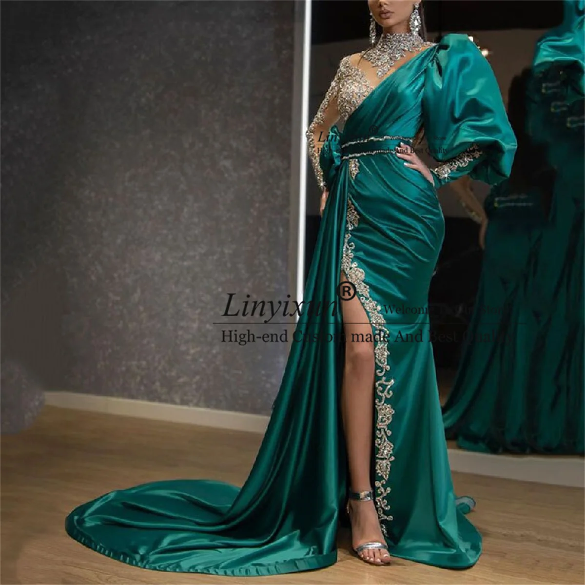 

Женское длинное вечернее платье с юбкой годе, элегантное атласное платье с бусинами и длинным рукавом, платье для выпускного вечера со скла...