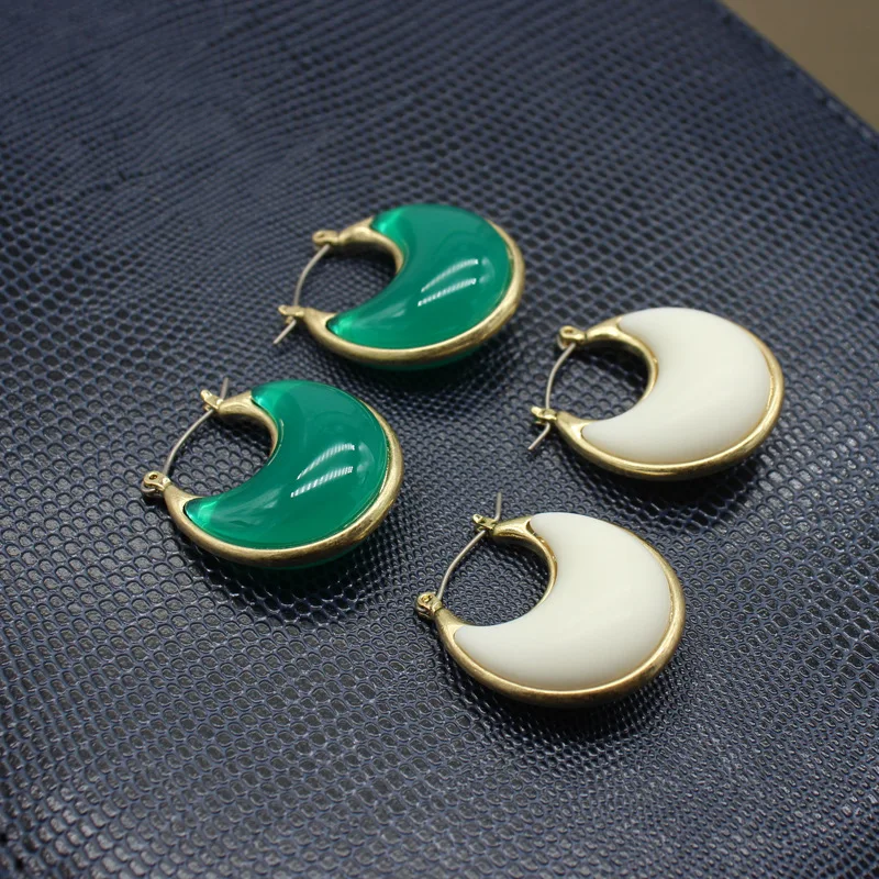 

personality earrings, double-sided inlaid jelly glass crescent resin inlaid earrings.