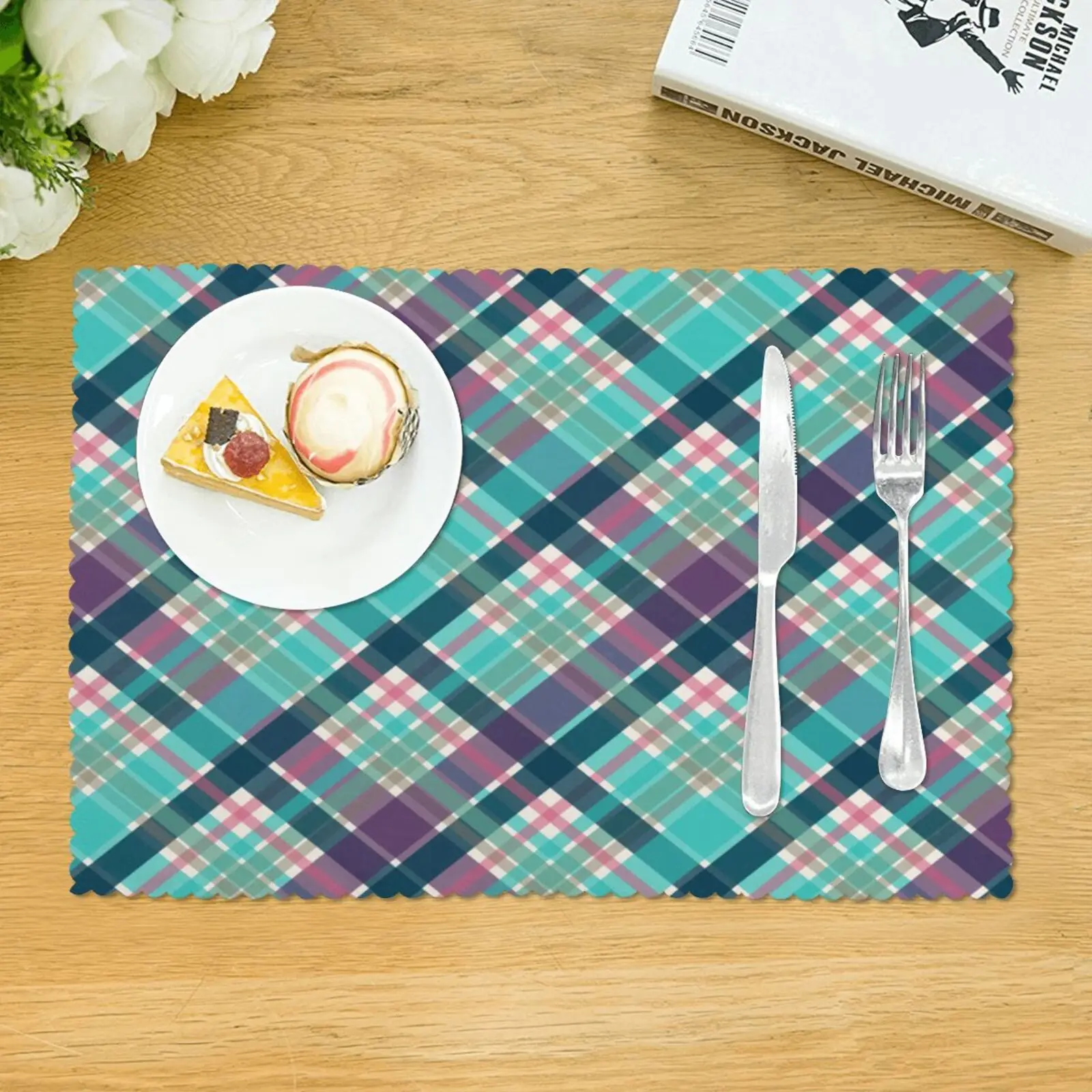 

Blue Grid Christmas Placemats for Table Set of 4 Kitchen Accessories Single Side Printed 12x18 In Decor Table Stocked Table Mat