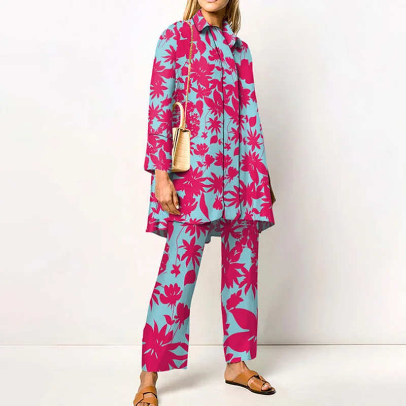 Spring Autumn Women's Two Pieces Set Loose Blouse Pants Print Casual Two Pieces Multi Patterns Long Sleeve Big Sizes S-3XL 9927