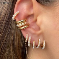 crmya gold silver filled hoop stud clip earrings set for women pearl ear cuff double round chain earrings 2022 jewelry wholesale