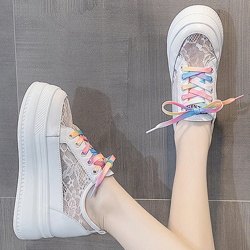 Rainbow Lace 8cm Chunky Sneaker 2023 Fashion Air Mesh Female Breathable Hidden Heels Casual Women Vulcanize Platform Woman Shoes