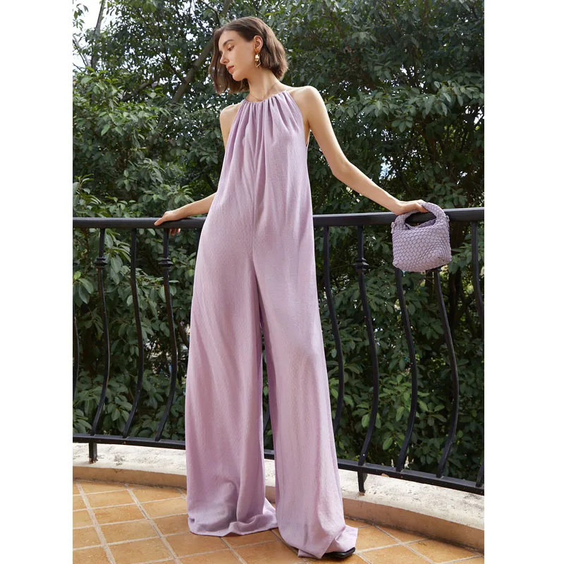 Sleeveless Loose Jumpsuite Long Wide Leg Pants Sexy Off Shoulder Round Neck Female New Light Purple