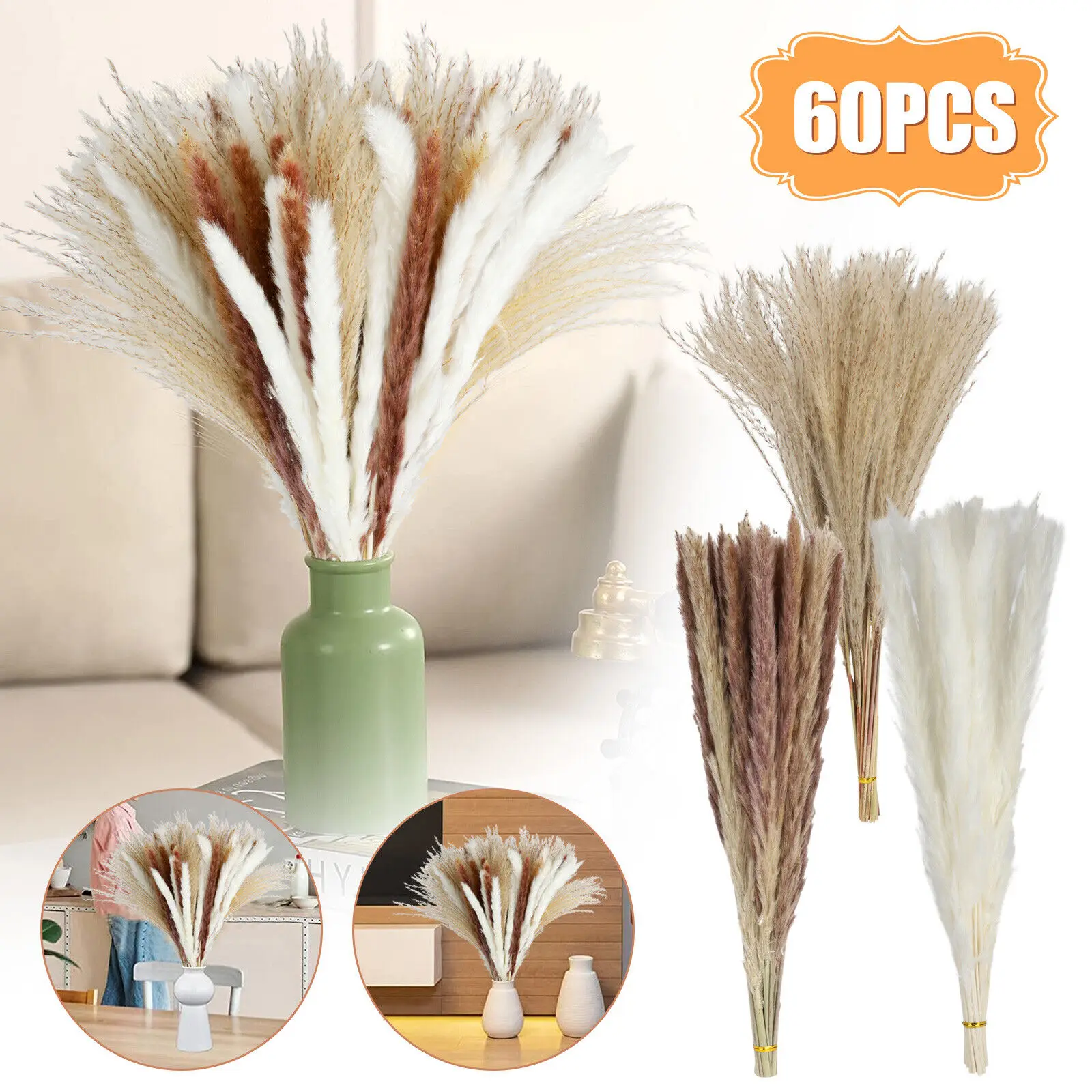 

60X Natural Dried Pampas Grass Reed Flower Bunch Wedding Home Decor Bouquet Gift