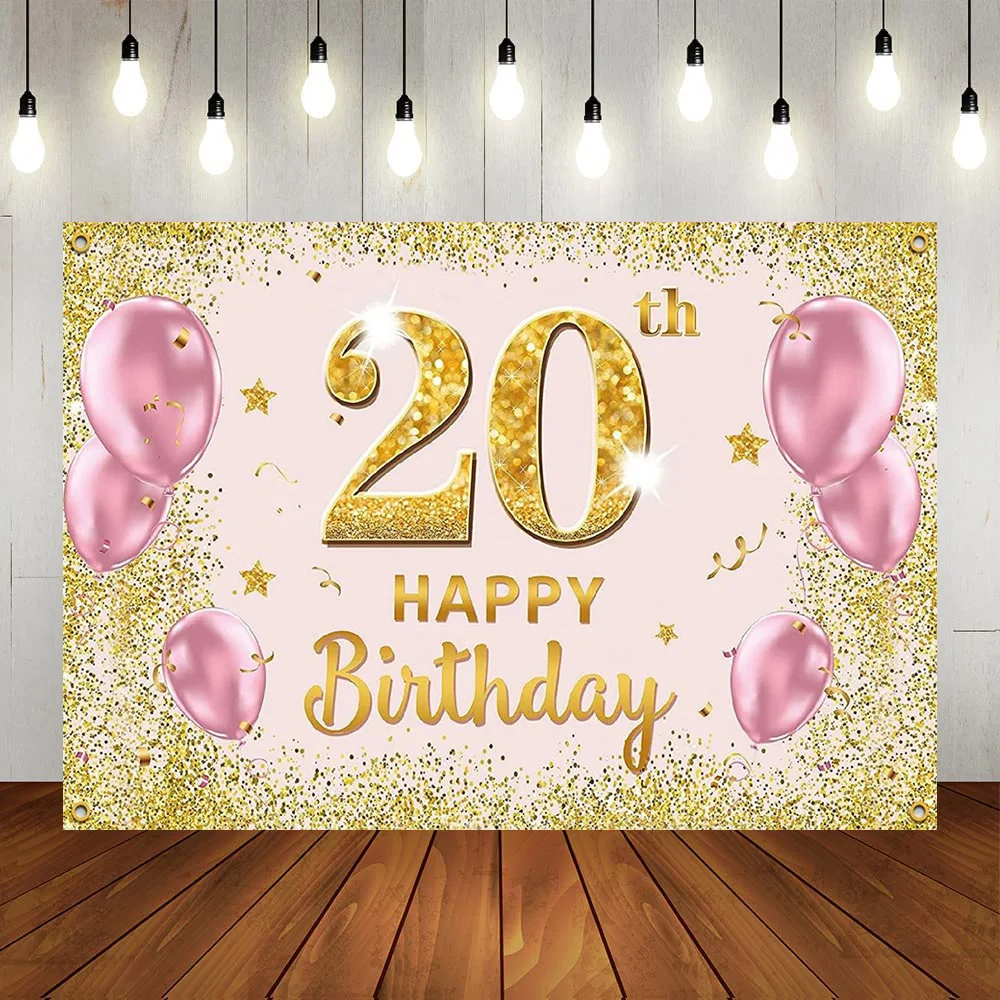 

Happy 20th Birthday Backdrop Glitter Diamonds Pink Gold Balloons Banner Rose Decorations Girls Anniversary Photo Backdrop Poster