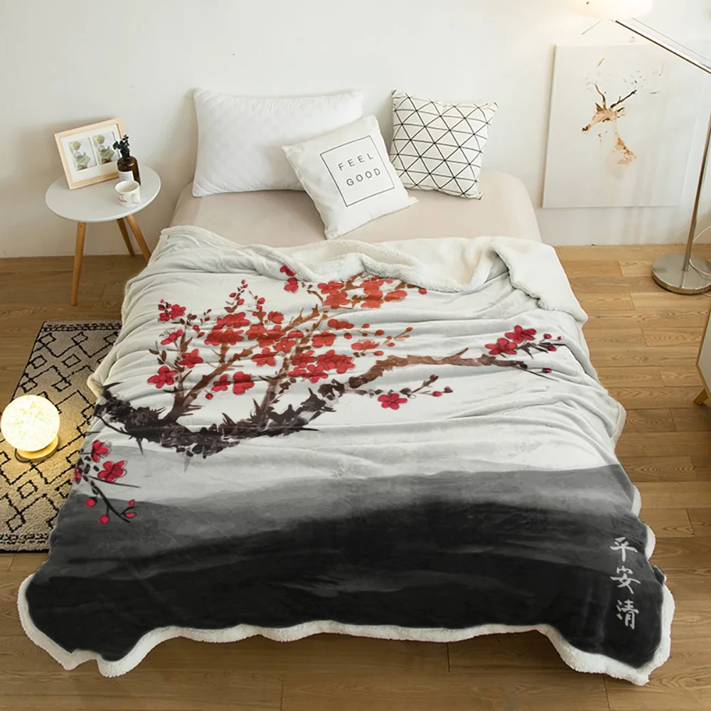 

Cherry Blossom Tree Flower Painting Chinese Style Cashmere Blanket Thick Winter Bed Lamb Blankets Office Nap Sofa Bed Bedspread